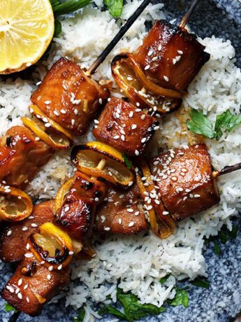 soy sesame salmon skewers on rice