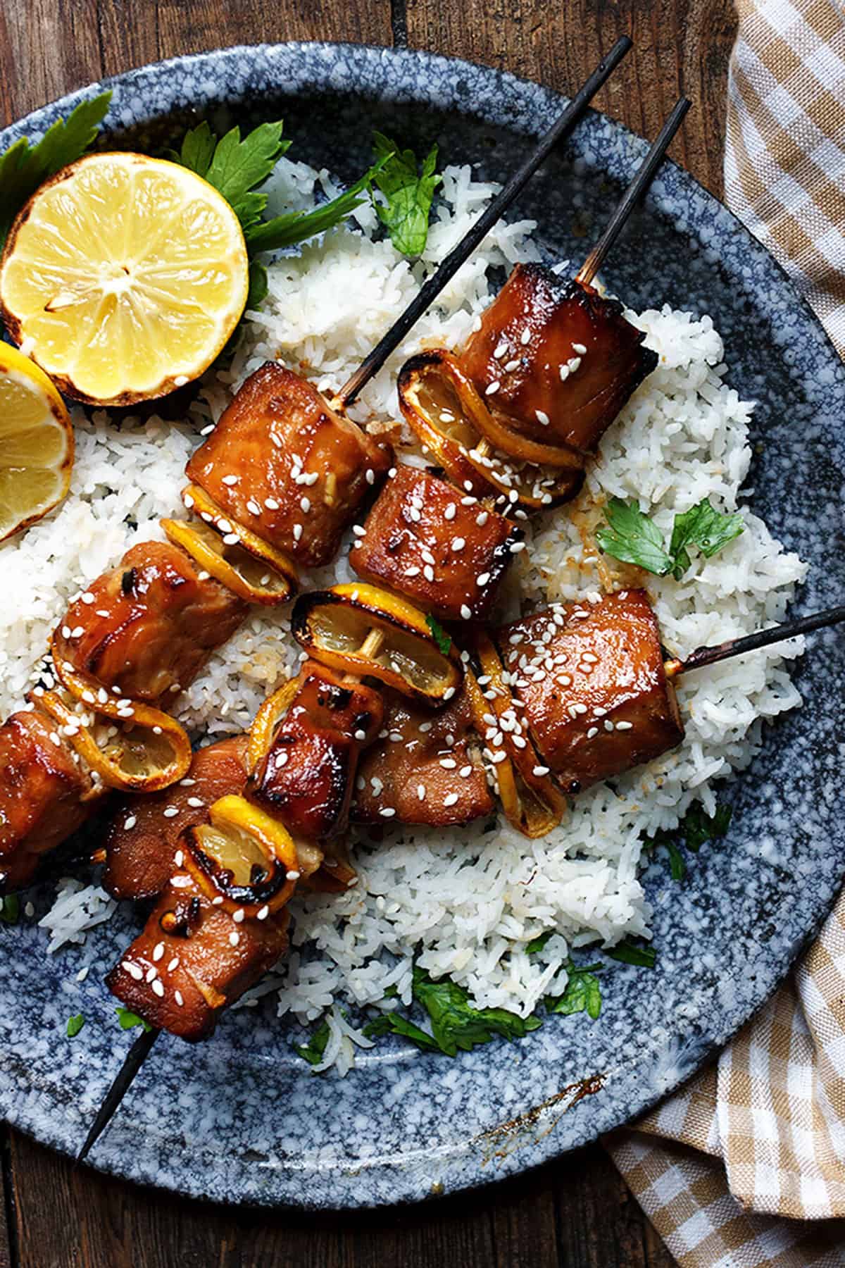 soy sesame salmon skewers on rice