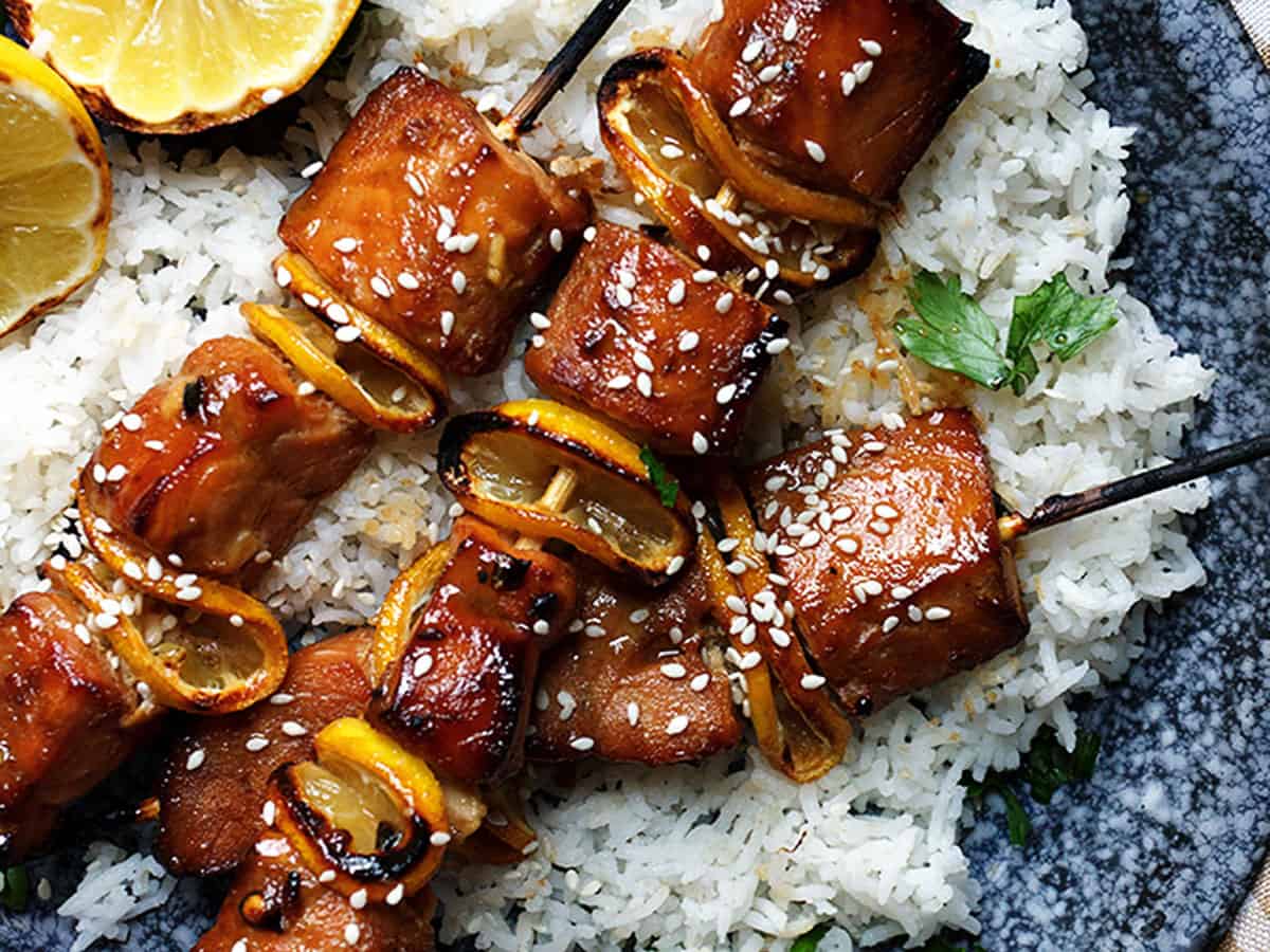 soy sesame salmon skewers on rice