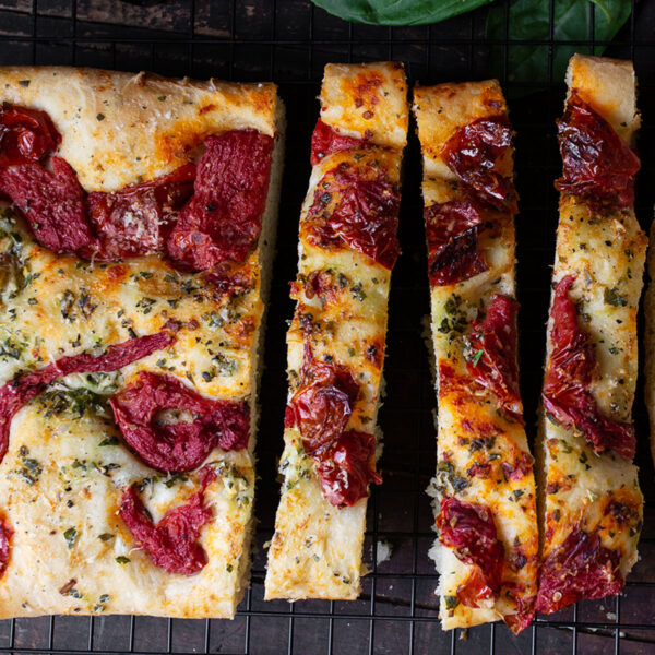 roasted tomato focaccia sliced