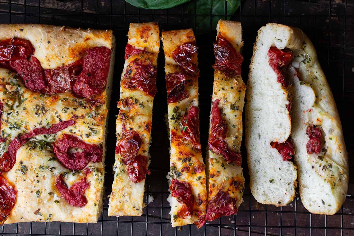 roasted tomato focaccia sliced