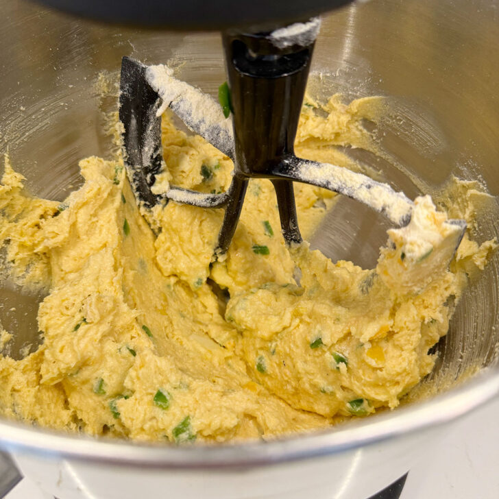 Finished cornmeal batter in the mixing bowl.