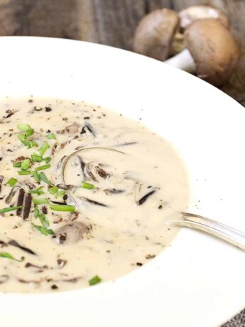 wild rice mushroom soup in white bowl