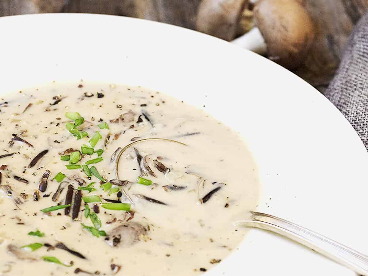 wild rice mushroom soup in white bowl