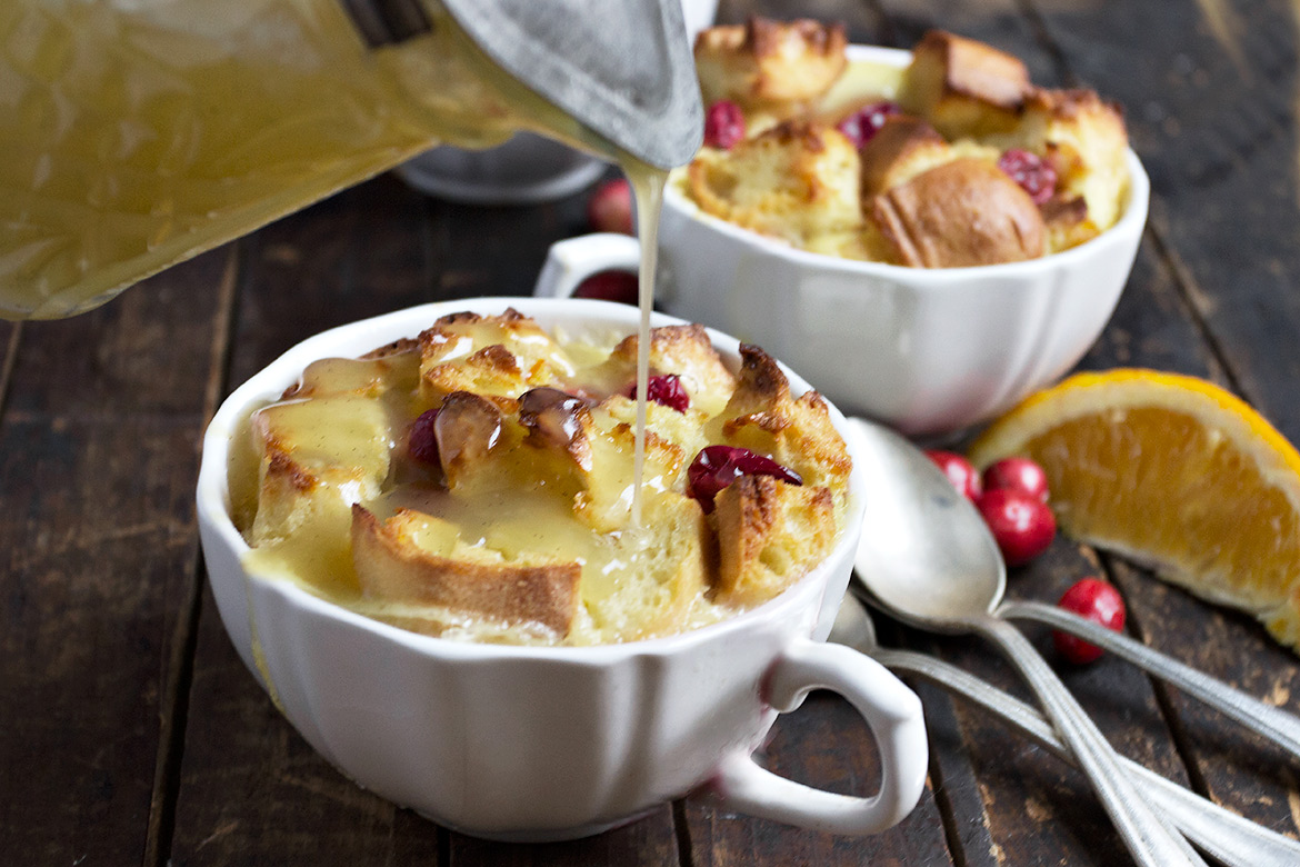 Cranberry Orange Bread Pudding with Vanilla Butter Sauce