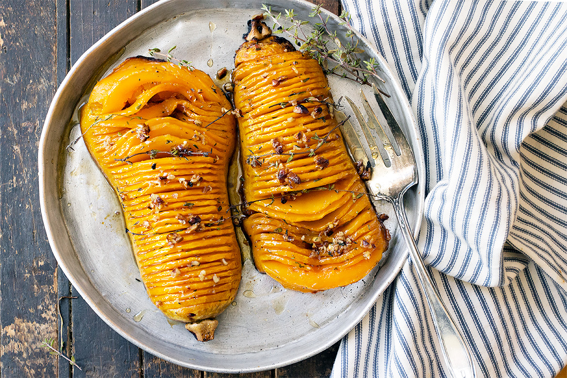 Maple Pecan Hasselback Butternut Squash | Homemade Vegan Thanksgiving Recipes For A Healthful Celebration