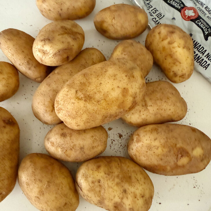 Russet potatoes on a counter.