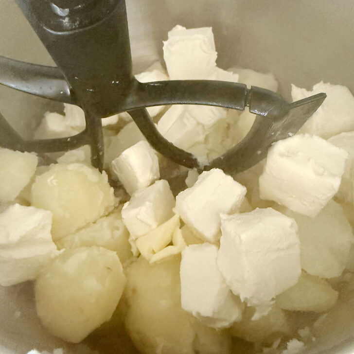 Potatoes in a stand mixer.