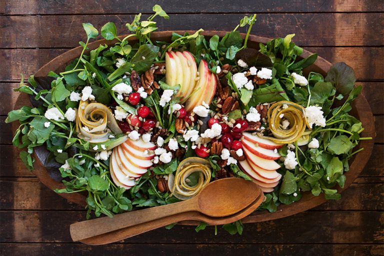 fall salad in wooden bowl
