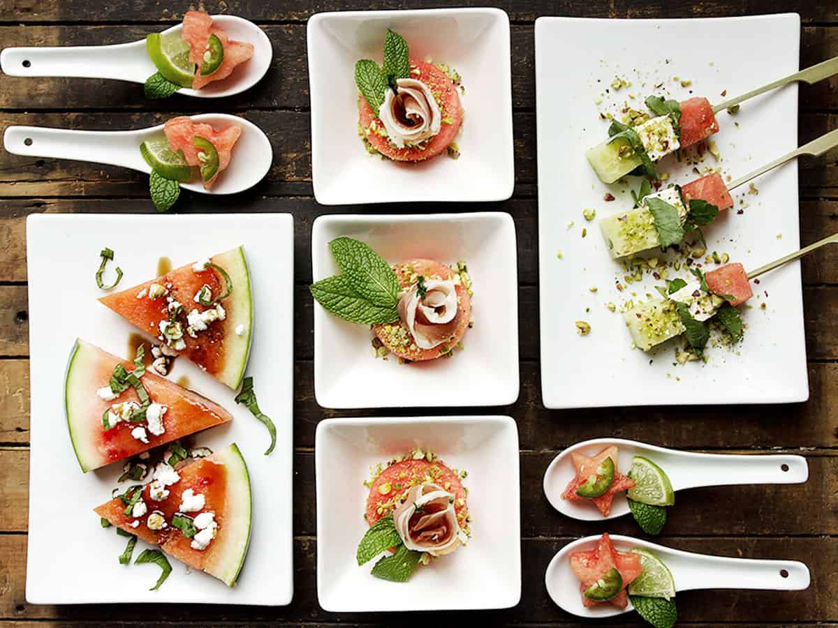 watermelon hors d'oeuvres on wooden board