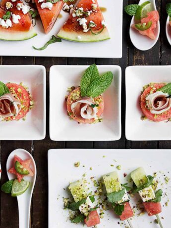 watermelon hors d'oeuvres on wooden board