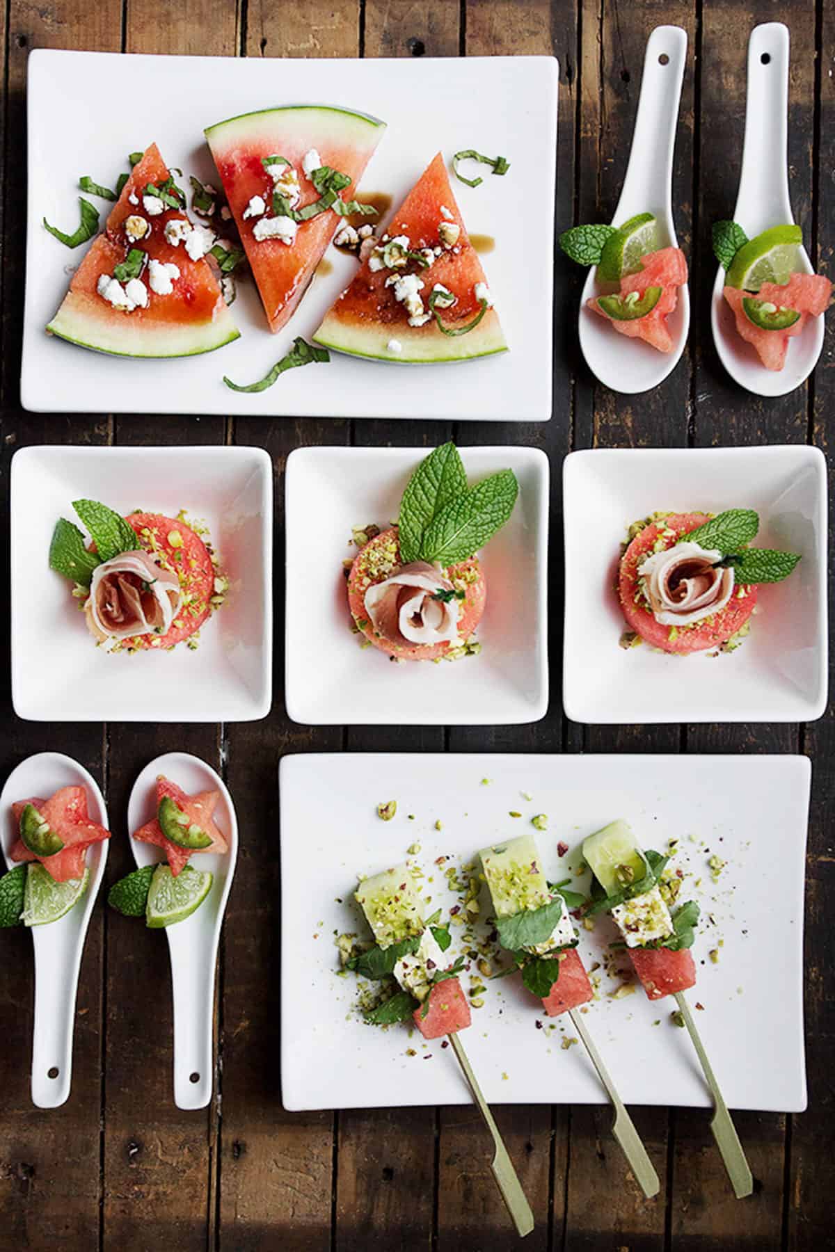 watermelon hors d'oeuvres on wooden board