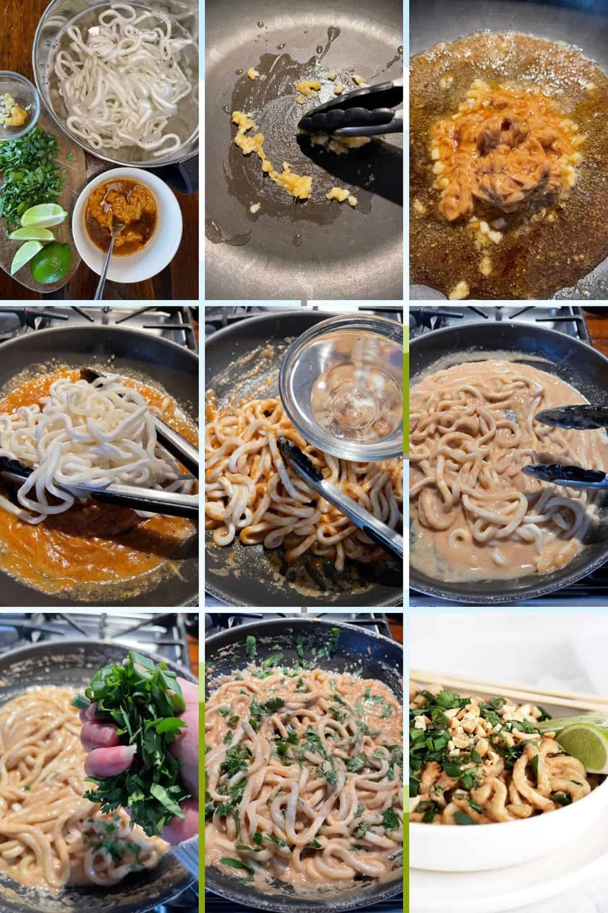 photo collage of steps to make spicy peanut noodles