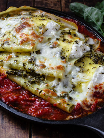 pesto ricotta pasta bake in small skillets