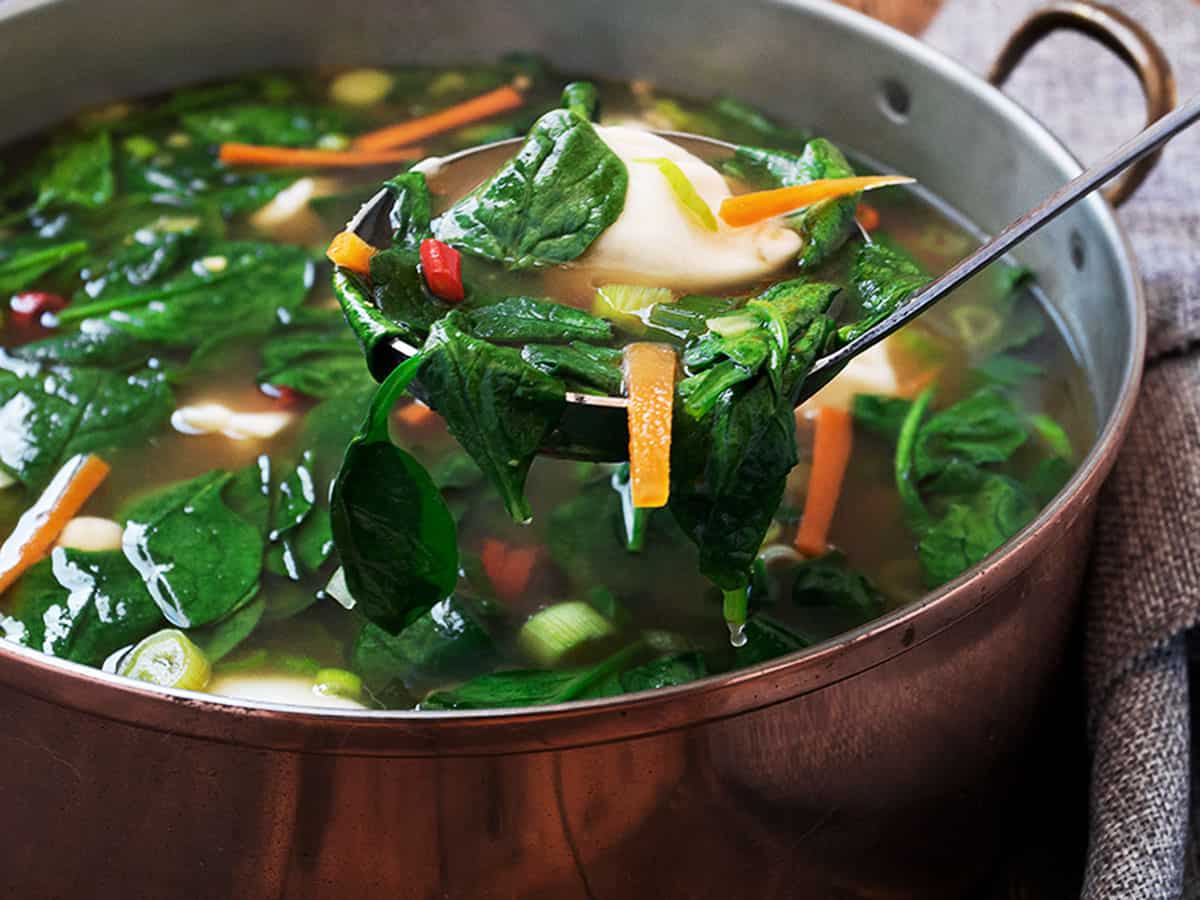 pork dumpling soup in soup pot