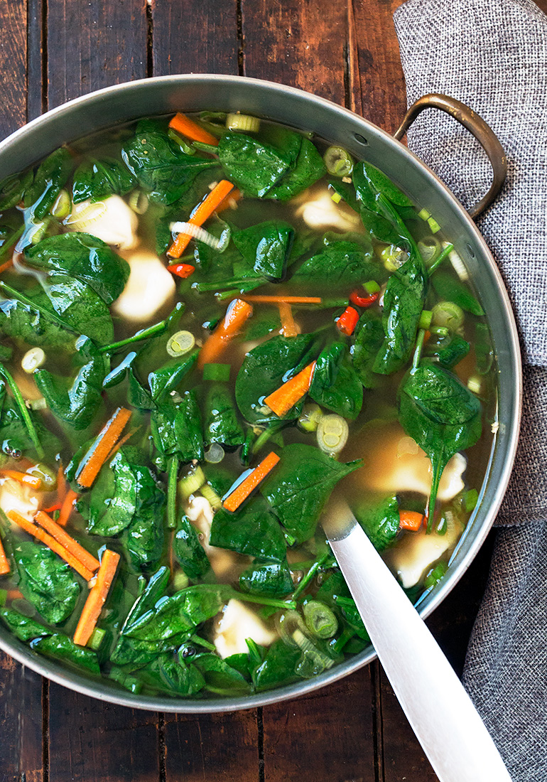 Pork Dumpling and Spinach Soup - quick and easy thanks to frozen, pre-made dumplings!