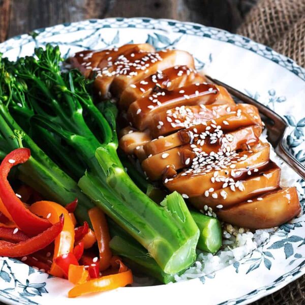 teriyaki chicken breasts on plate with vegetables