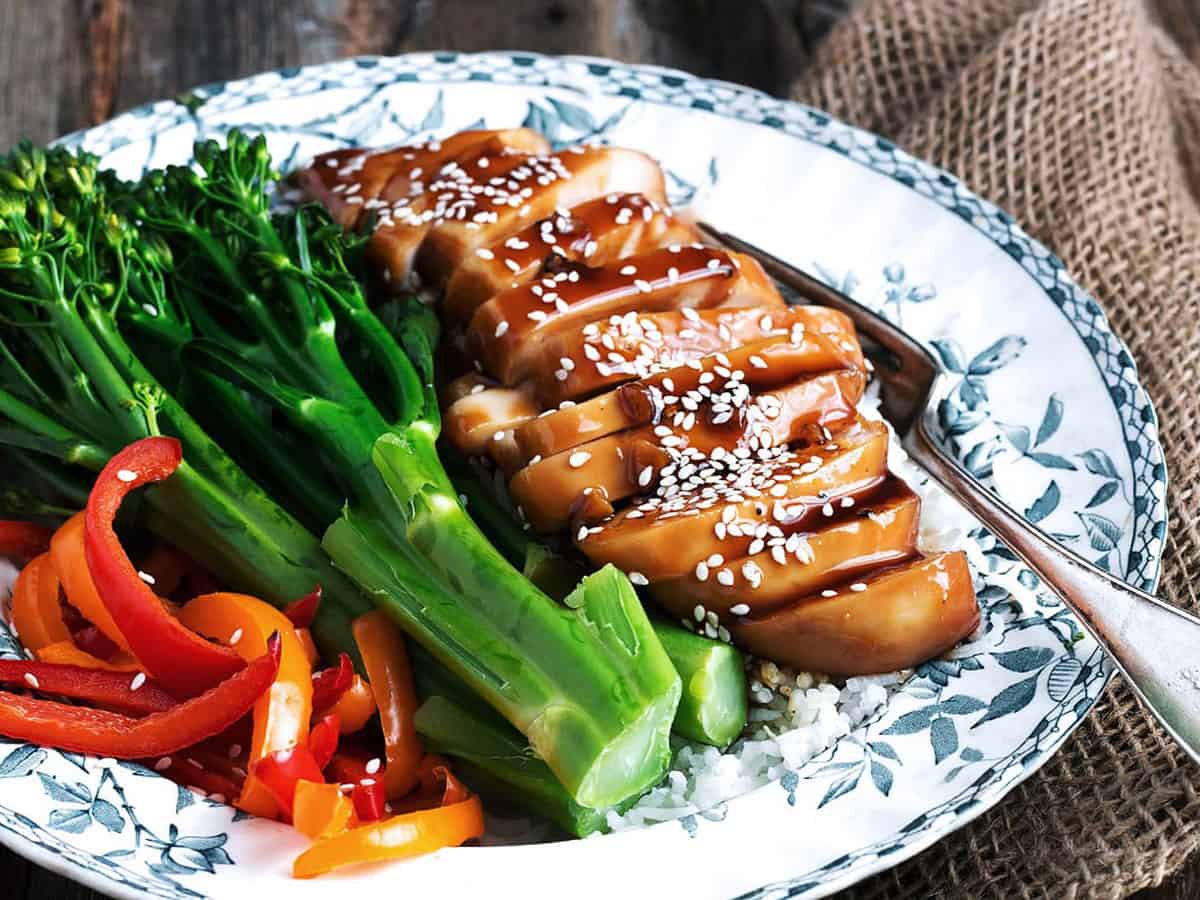 teriyaki chicken breasts on plate with vegetables