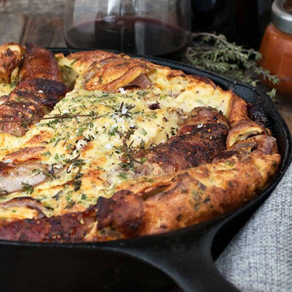 British style toad in the hole in cast iron skillet