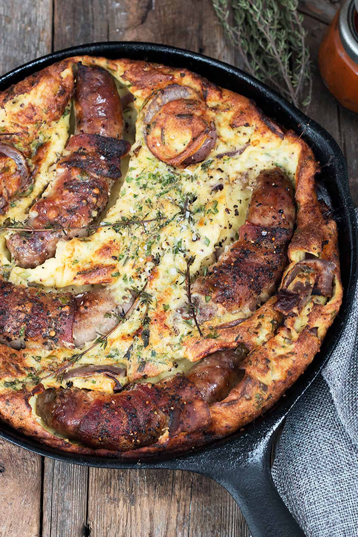 British style toad in the hole in cast iron skillet