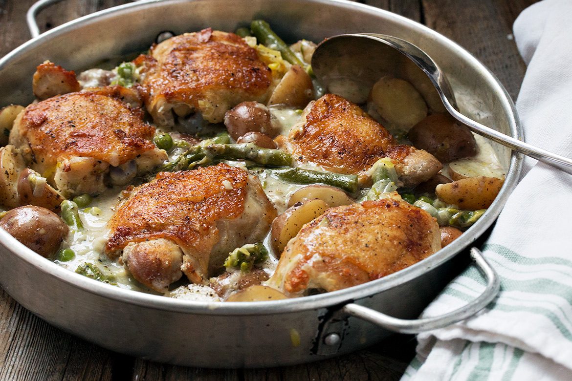 Creamy Asparagus and Mini Potato Chicken Thighs