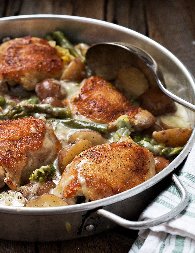 Creamy Asparagus and Mini Potato Chicken Thighs