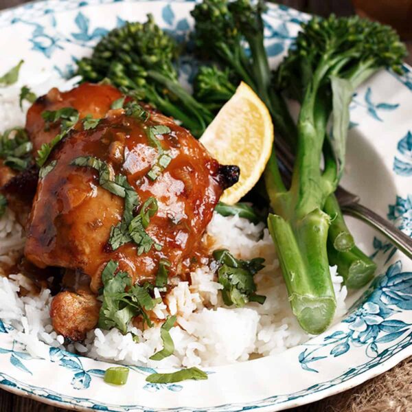 citrus marinated chicken thighs on plate with rice and broccoli