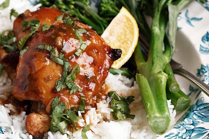 citrus marinated chicken thighs on plate with rice and broccoli