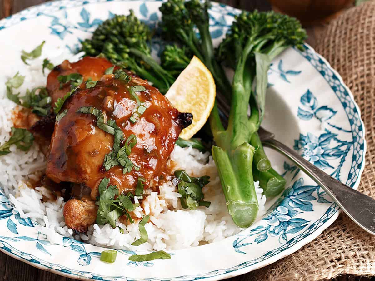citrus marinated chicken thighs on plate with rice and broccoli