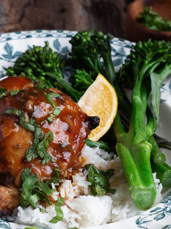 citrus marinated chicken thighs on plate with rice and broccolini