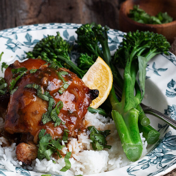 citrus marinated chicken thighs on plate with rice and broccolini