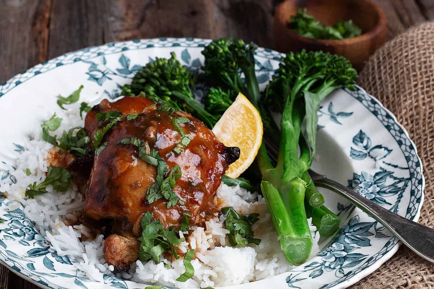 citrus marinated chicken thighs on plate with rice and broccolini