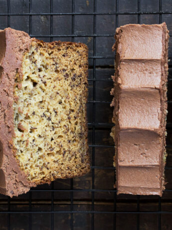 banana bread with chocolate buttercream frosting sliced