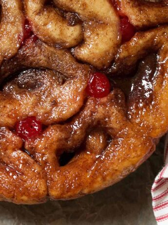 round loaf of Chelsea buns from overhead