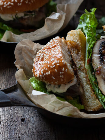 portobello burger with bacon jam on platter