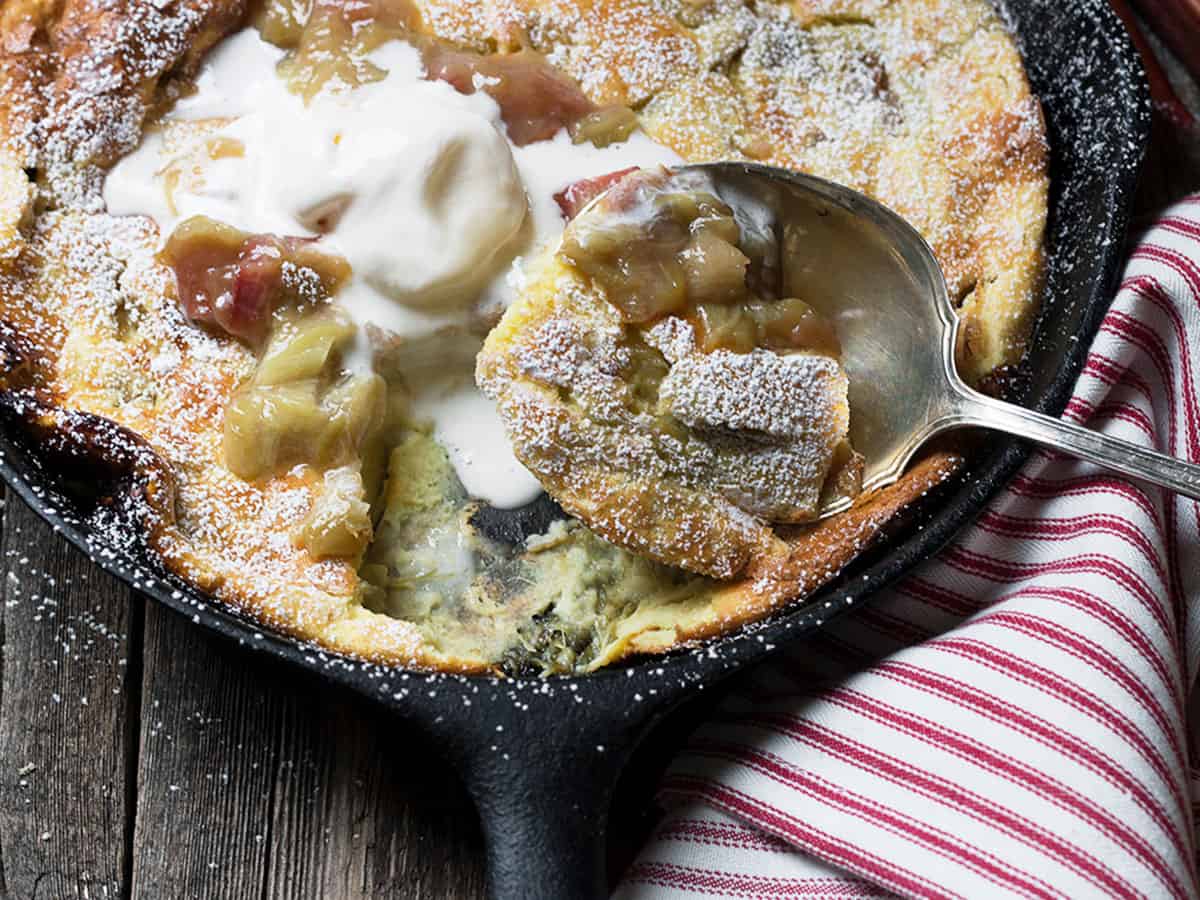 rhubarb dutch baby in cast iron skillet