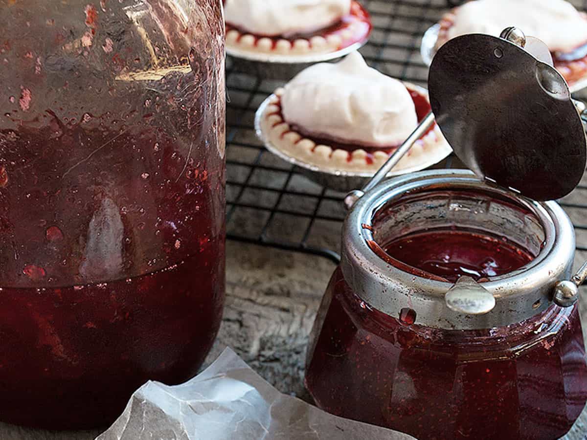 platter strawberry jam in jar with tarts