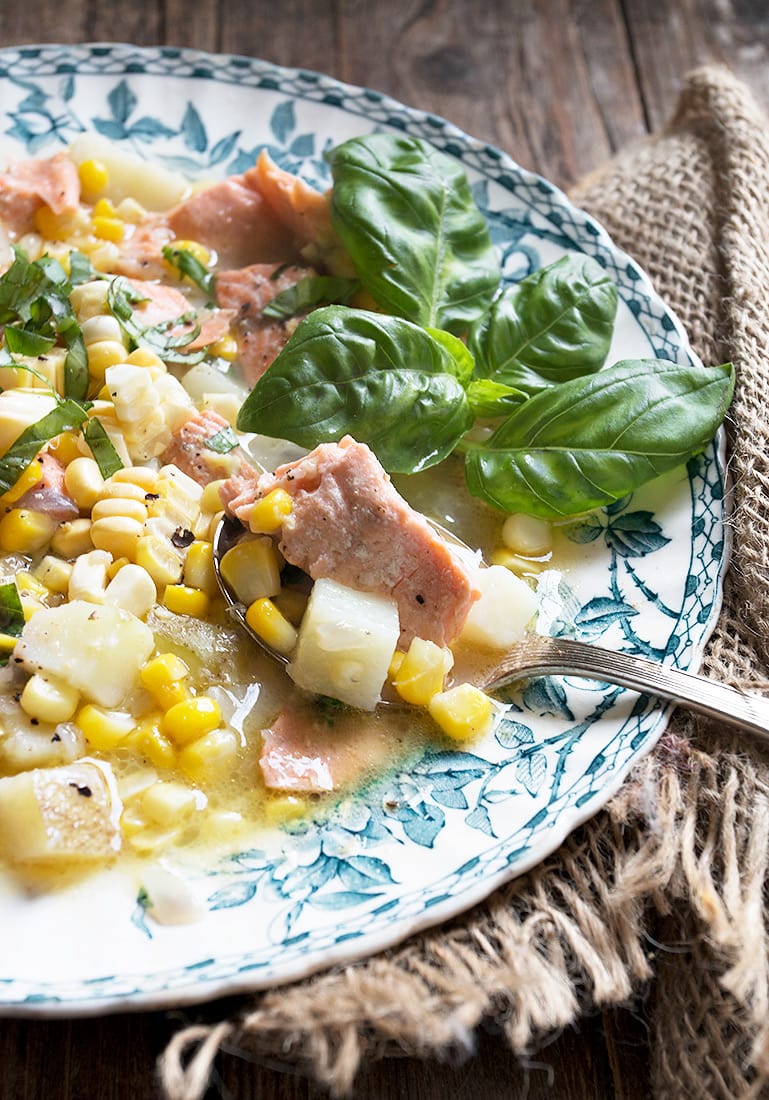 Fresh Summer Corn Chowder with Trout - a dairy free corn chowder recipe!