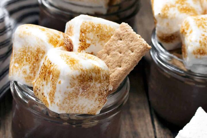 smores pudding jars with marshmallows