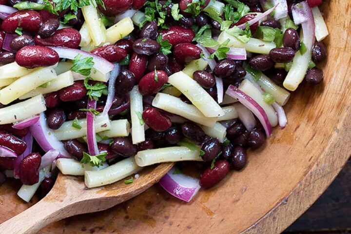 bean salad in wooden bowl