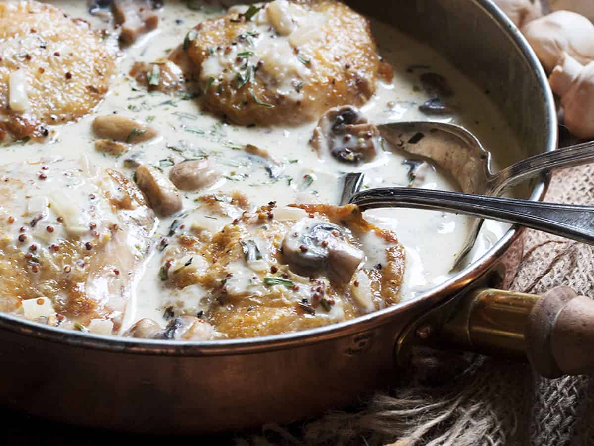 chicken with creamy mushroom tarragon sauce in skillet with spoon