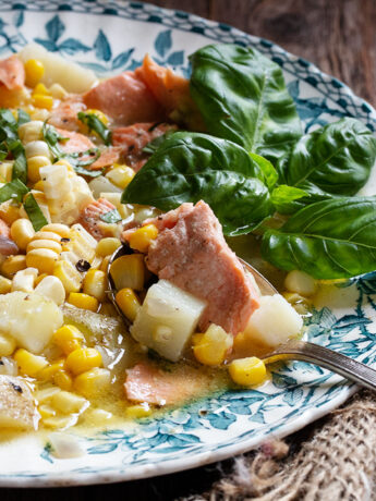 rainbow trout chowder in bowl