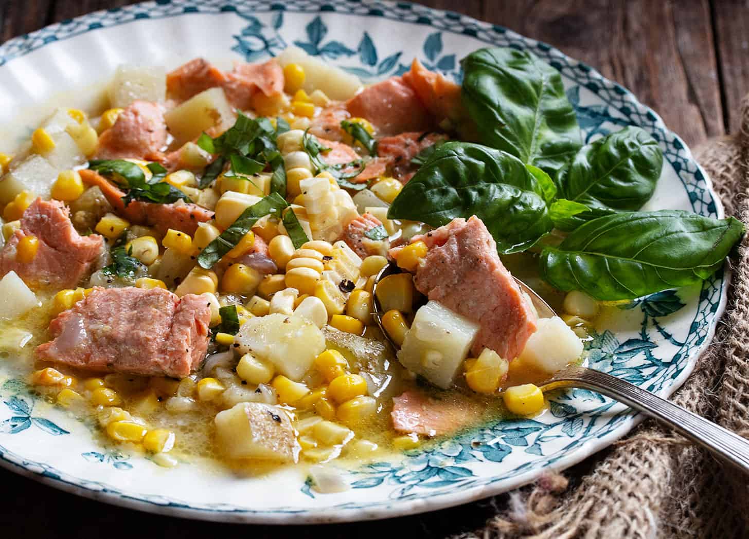 rainbow trout chowder in bowl