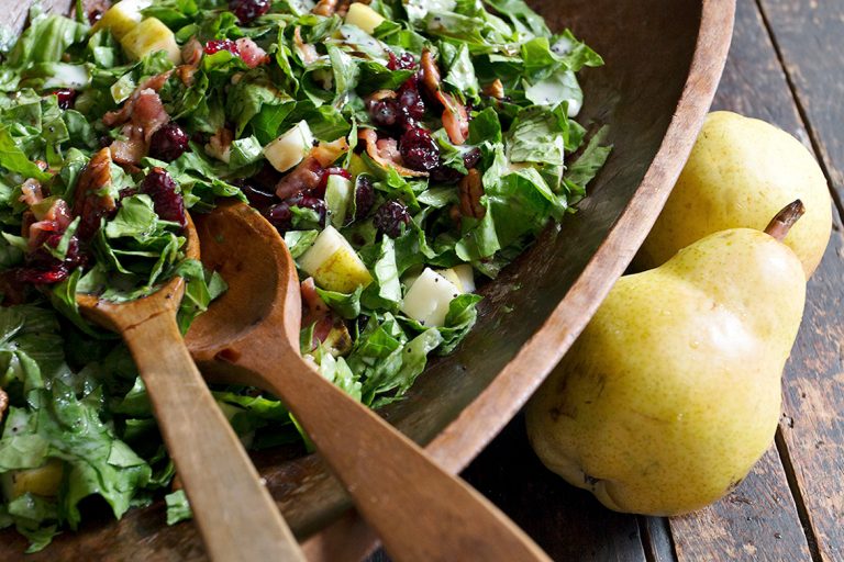 fall pear salad in wooden bowl