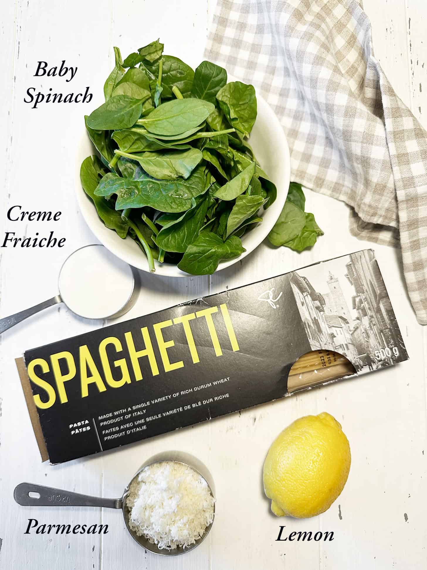 Ingredients to make lemon spinach pasta.