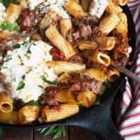 baked pasta with brisket in cast iron skillet