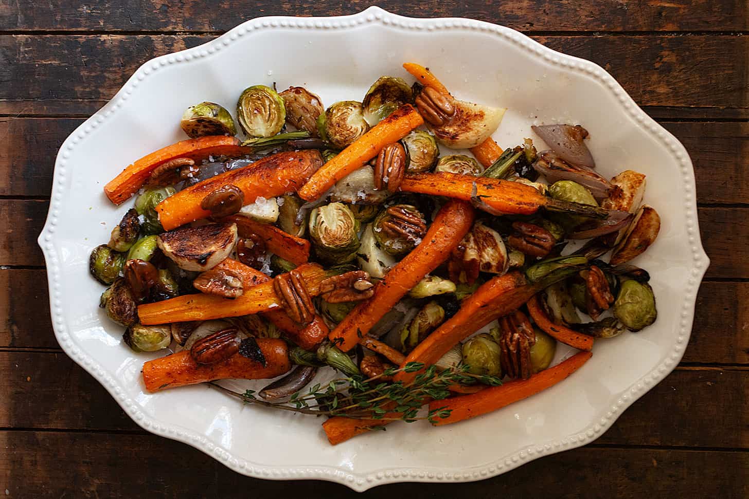 maple roasted vegetables on platter
