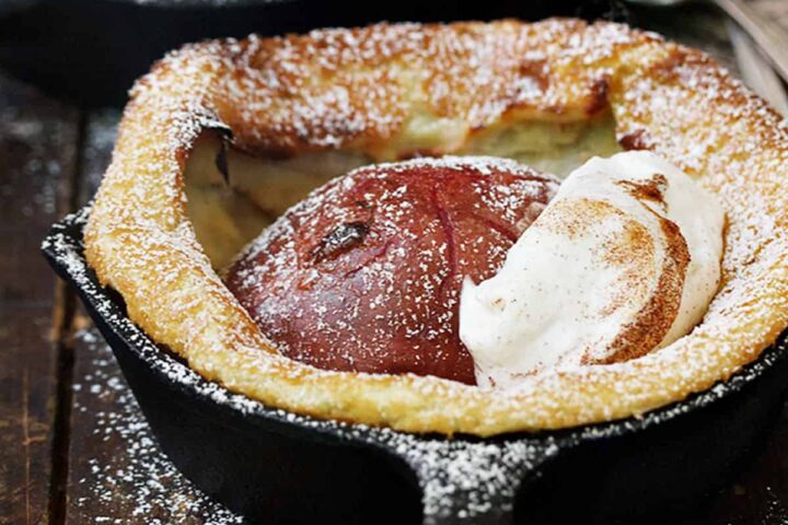 red pear Dutch baby in mini cast iron skillets