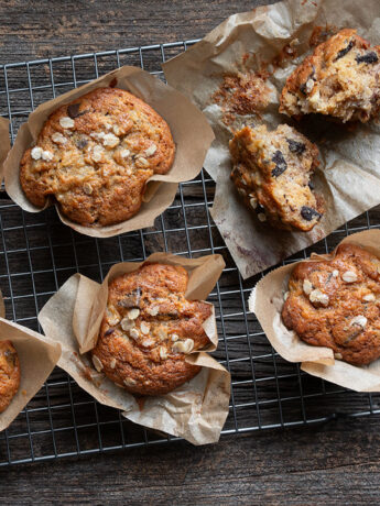 banana chocolate chunk muffins on cooling rack