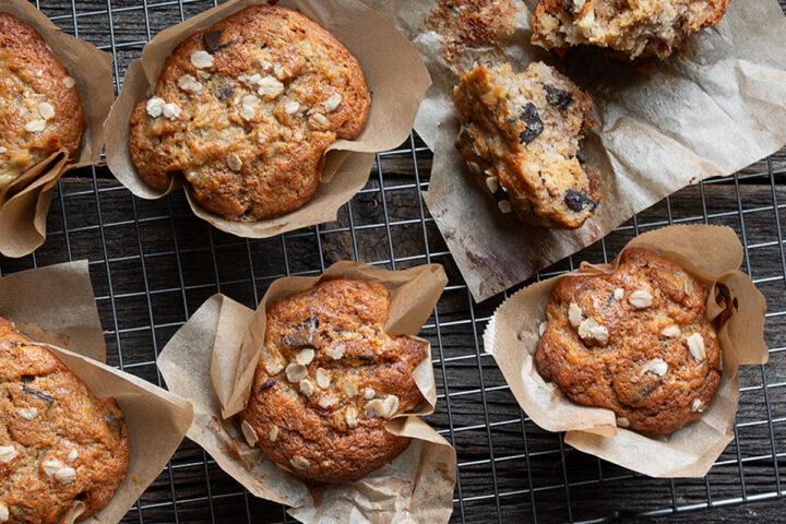 banana chocolate chunk muffins on cooling rack